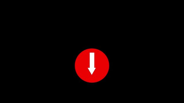 Animated down arrow icon in red circle for download button, scroll down indicator, lower directional pointer, decrease value, downward navigation signal, next page status loop icon animation.