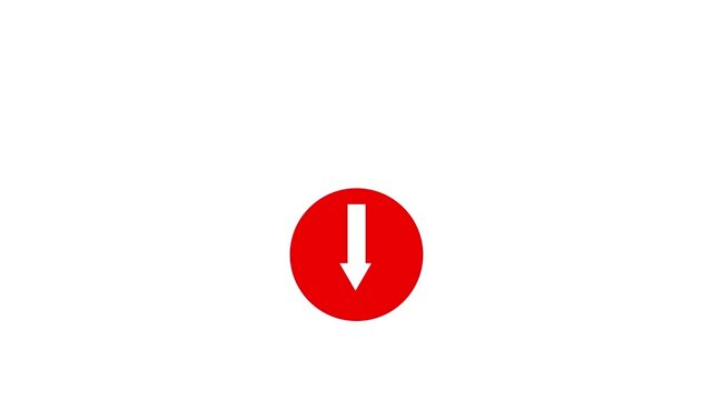 Animated down arrow icon in red circle for download button, scroll down indicator, lower directional pointer, decrease value, downward navigation signal, next page status loop icon animation.