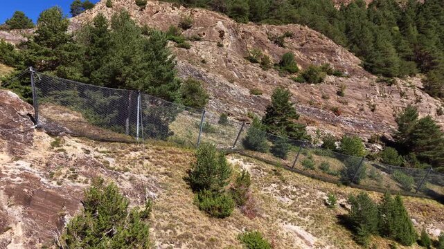 Steel mesh rockfall protection net anchored with tensioned cables and posts across a steep rocky mountainside among pine trees, preventing erosion and landslide hazards