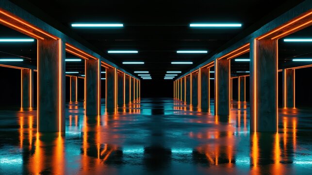 Empty underground parking garage illuminated with neon blue and orange lights