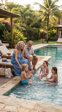 A happy multi-generational family enjoys a sunny day by the pool at their tropical vacation home. The grandparents watch their grandchildren splash and play in the water.