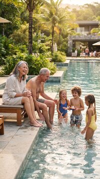 A multigenerational family enjoys a sun-drenched vacation by a resort pool, with grandparents relaxing poolside while children splash and play in the clear turquoise water.