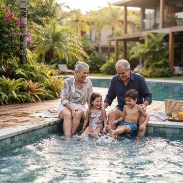 A multigenerational family, grandparents and grandchildren, share a joyful moment by a swimming pool, creating lasting memories amidst a lush, tropical environment.