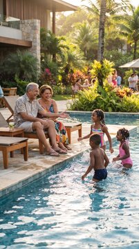 A multigenerational family enjoys a sun-drenched vacation, with grandparents relaxing by the pool while children splash and play in the water, epitomizing a perfect summer day.