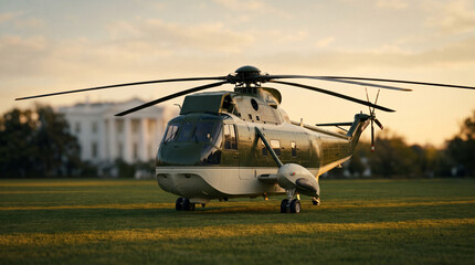 Fototapeta premium Presidential helicopter landing on a green lawn at sunset near a historic white mansion