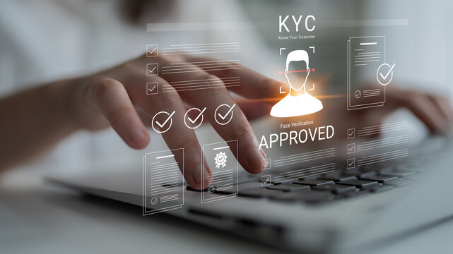 User performing KYC face verification on laptop with an approved graphic overlay. The image showcases online security and financial technology interactions for seamless client verification. Cyphers