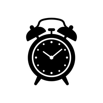 Vintage alarm clock silhouette in black style featuring two bells and classic hands for morning schedule management wake up alerts and time tracking applications.