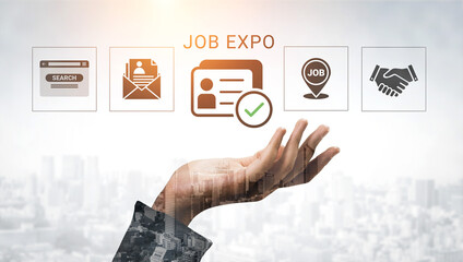 Plakat Hand Reaching Out for Job Expo Opportunities with Job Search Icons and Networking Symbols Against Urban Cityscape Background. Glyphic.
