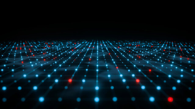 Glowing grid platform featuring red and blue nodes for interactive network visualization.
