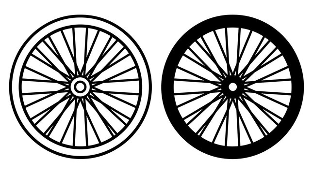 Two black bicycle wheels with spokes isolated on transparent background graphical design element for cycling transport maintenance parts and sport equipment repair.