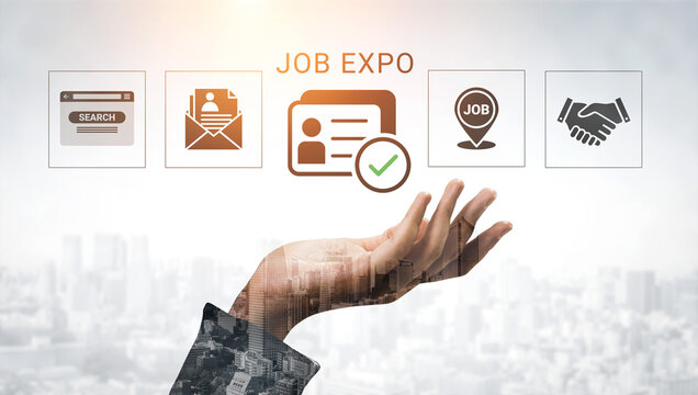 Hand Reaching Out for Job Expo Opportunities with Job Search Icons and Networking Symbols Against Urban Cityscape Background. Glyphic.