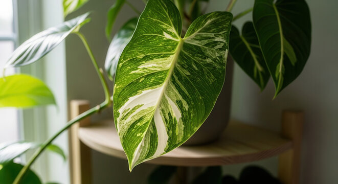 Monstera Albo Variegata leaf detail close up of a tropical houseplant with white and green marbled foliage natural light