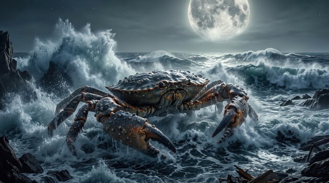 A colossal crab a lunar ocean immense tidal waves.