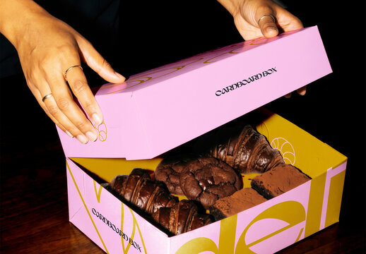 Bakery Box Mockup with Chocolate Pastries