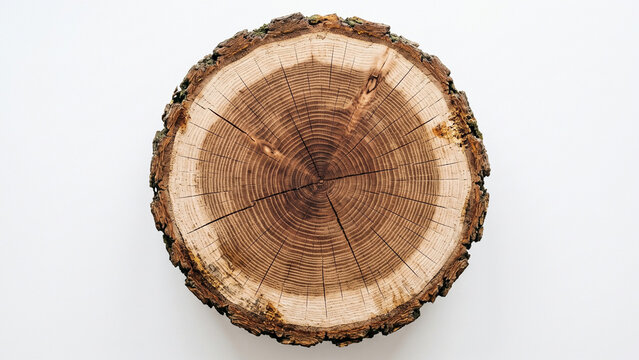 Natural tree stump cross section showing detailed growth rings with textured brown bark edges captured from a top down perspective isolated on a solid white studio background featuring organic
