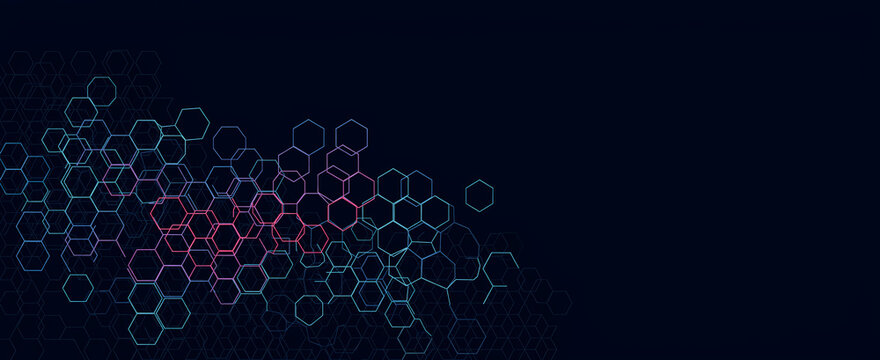 Geometric honeycomb structure background with blue and pink hex cells for network design.