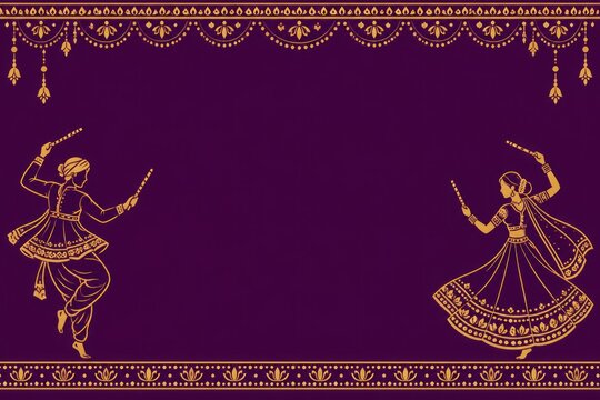 Dandiya Raas folk dance background, Indian Navratri festival banner, purple gold border