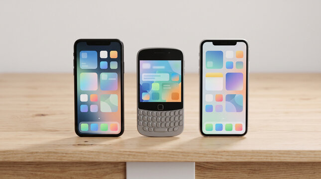 Modern smartphones and vintage mobile phone with physical keyboard on wooden table