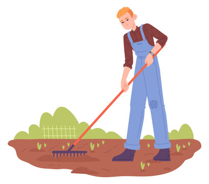 Man raking soil illustration. Gardening male character