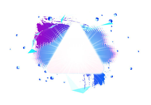 Bright trapezoid frame with blue purple paint strokes and scattered polygon details
