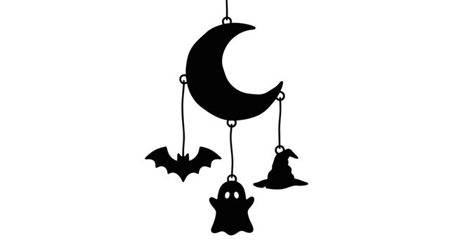 Halloween Decorative Mobile with Moon Bat Ghost and Witch Hat Silhouettes