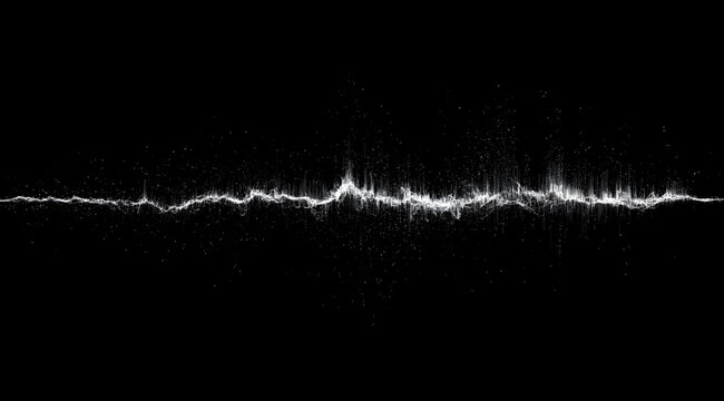 White digital audio sound wave depiction on a black background, illustrating music, frequency, or voice recording information