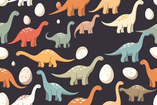 Seamless pattern of colorful cartoon long-neck dinosaurs and spotted eggs on a dark background for kids.
