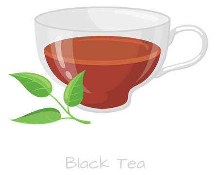 Black tea in glass mug cartoon illustration. Hot cup