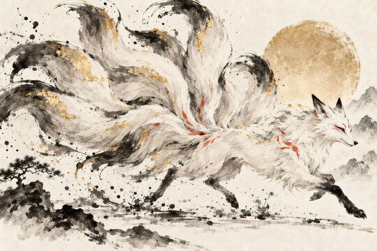 Nine Tailed Kitsune Fox, Japanese Mythology Ink and Watercolor Illustration