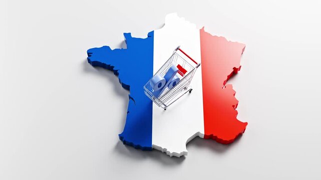 Inflation in France concept: A shopping cart with a percent sign on a 3d map of France overlayed by the French flag. Camera panning up