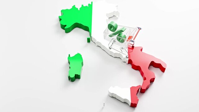 Inflation in Italy concept: A shopping cart with a percent sign on a 3d map of Italy overlayed by the Italian flag. Camera panning up