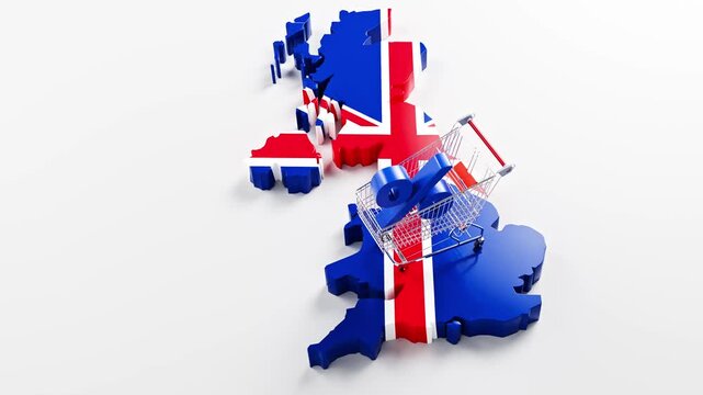 Inflation in the United Kingdom concept: A shopping cart with a percent sign on a 3d map of Great Britain overlayed by the British flag. Camera panning up
