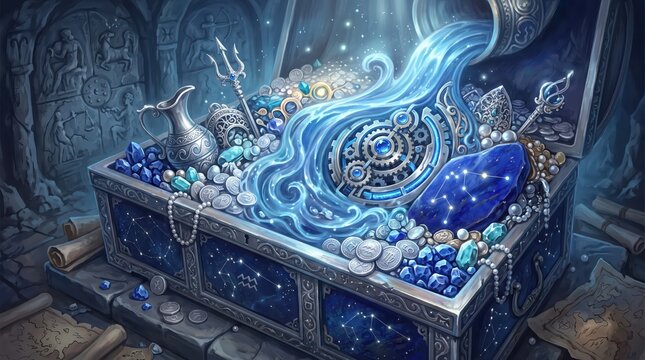 A majestic and opulent treasure hoard representing the Aquarius zodiac sign