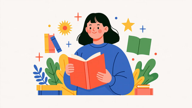 Literacy and reading club concept faceless woman figure viewed from behind holding an oversized red book joyful confident posture european figure accents bright clean minimal