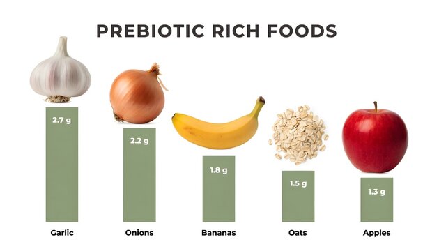 Bar chart showing prebiotic rich foods with fiber content per serving