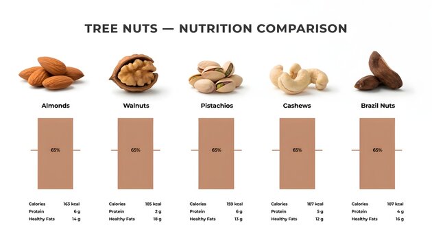 Nutrition comparison chart of various tree nuts on a white background