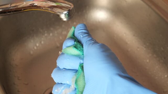 Person wearing rubber gloves squeezing sponge with soap foam