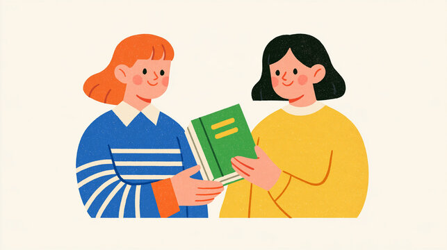 Book exchange concept hand offering a book to another hand in a friendly gesture sharing between faceless figures bright clean minimal background soft gradient color palette community