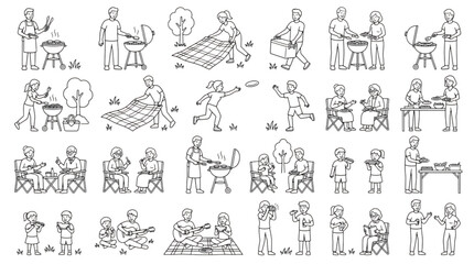 Obraz premium Vector Set of Summer Outdoor Activities Picnic and Barbecue Line Art Illustrations