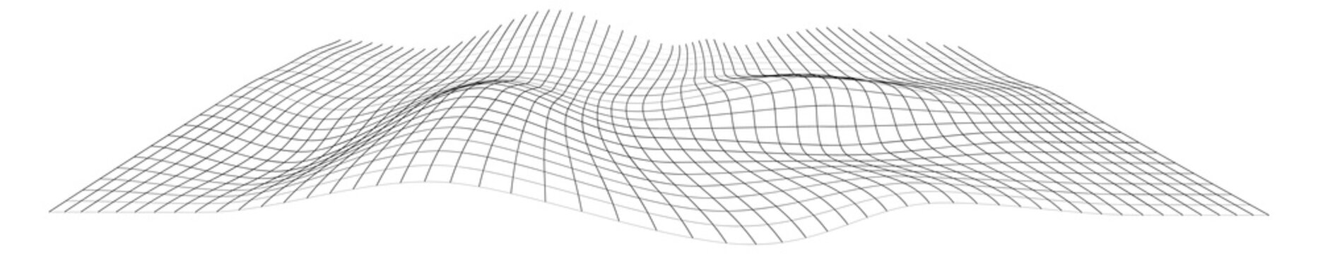 Black line wireframe grid. Topography landscape with wave