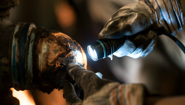 A gloved maintenance worker highlights serious corrosion on an outdated industrial pipe joint for infrastructure inspection, ensuring equipment safety, aiding in repair planning, and promoting prevent