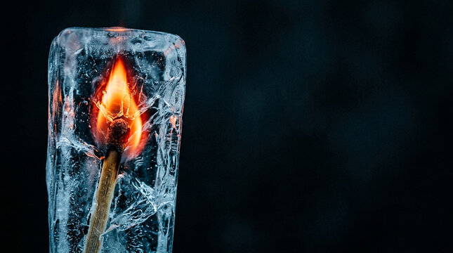 Burning match frozen inside melting ice block, fire and ice contrast concept on dark background with copy space