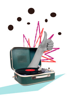 Vertical art banner collage of hand show like gesture peek player vinyl disk retro playlist occasion sound appreciation feedback