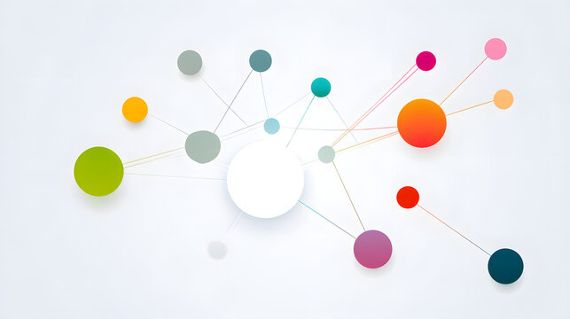 A colorful and abstract mind map infographic with a central node that contains no text and is connected by colored circles