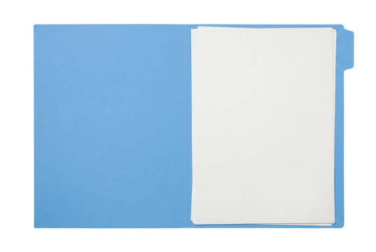 Blue open file folder with stack of blank white paper