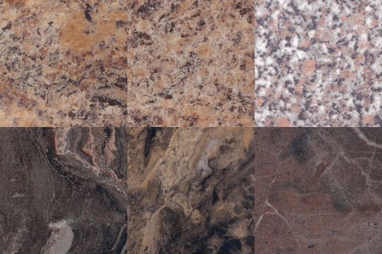 Collage set of natural stone texture backgrounds featuring brown marble and speckled granite surfaces for kitchen countertop interior design and architectural 3d rendering