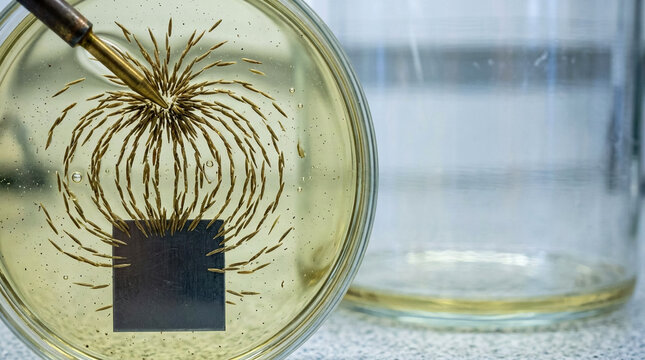 Iron filings forming magnetic field lines around bar magnet in petri dish, physics experiment demonstration in laboratory