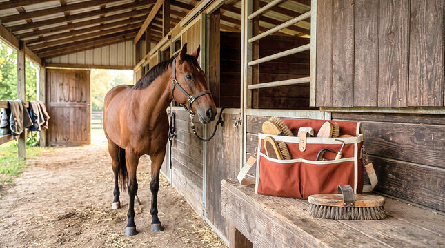 Chestnut horse standing tied inside a rustic wooden stable aisle next to a red canvas equestrian grooming kit bag packed with brushes and hoof pick on a timber bench. Indoor shot