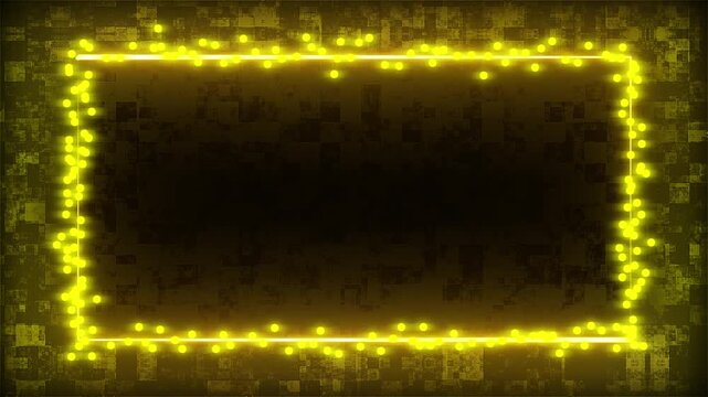 Glowing golden neon frame with flickering dust particles on a reflective animated rusty block background