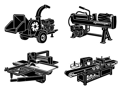 Industrial woodworking machinery collection featuring heavy duty wood chippers and powerful log splitters alongside precision circular saws and professional milling equipment rendered in a clean minim